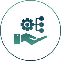 Hand holding gear and flowchart icons symbolizing process management.